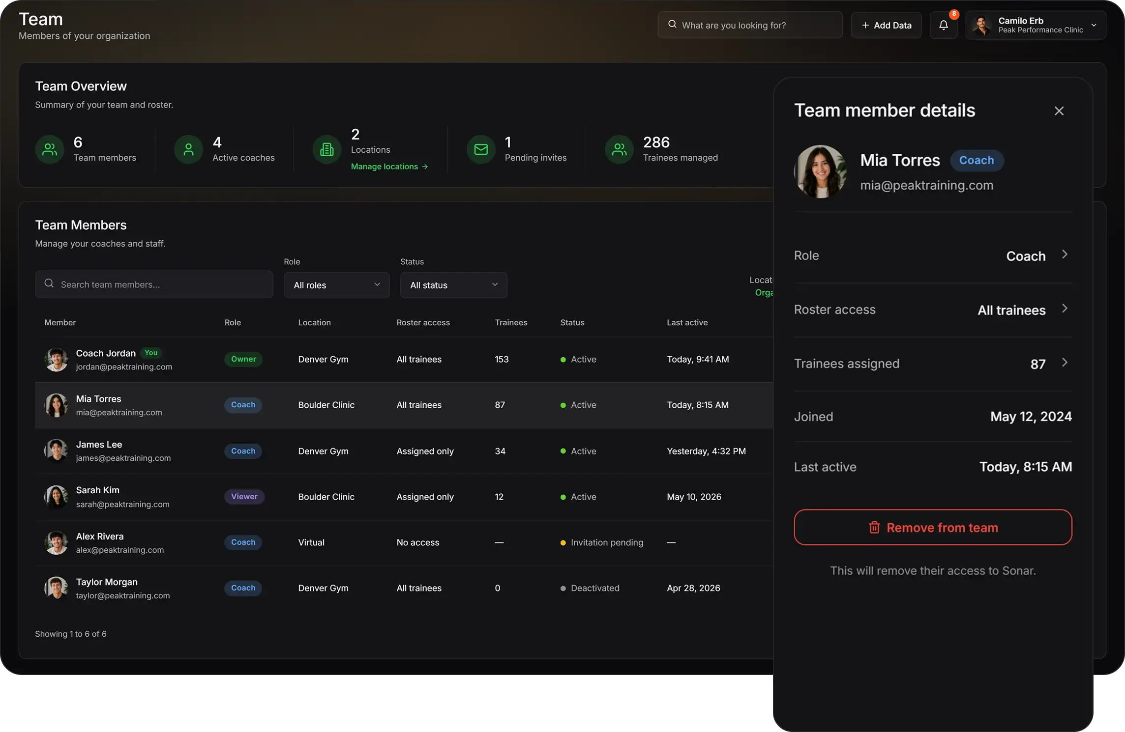 Sonar team management view showing coaches and their roster assignments