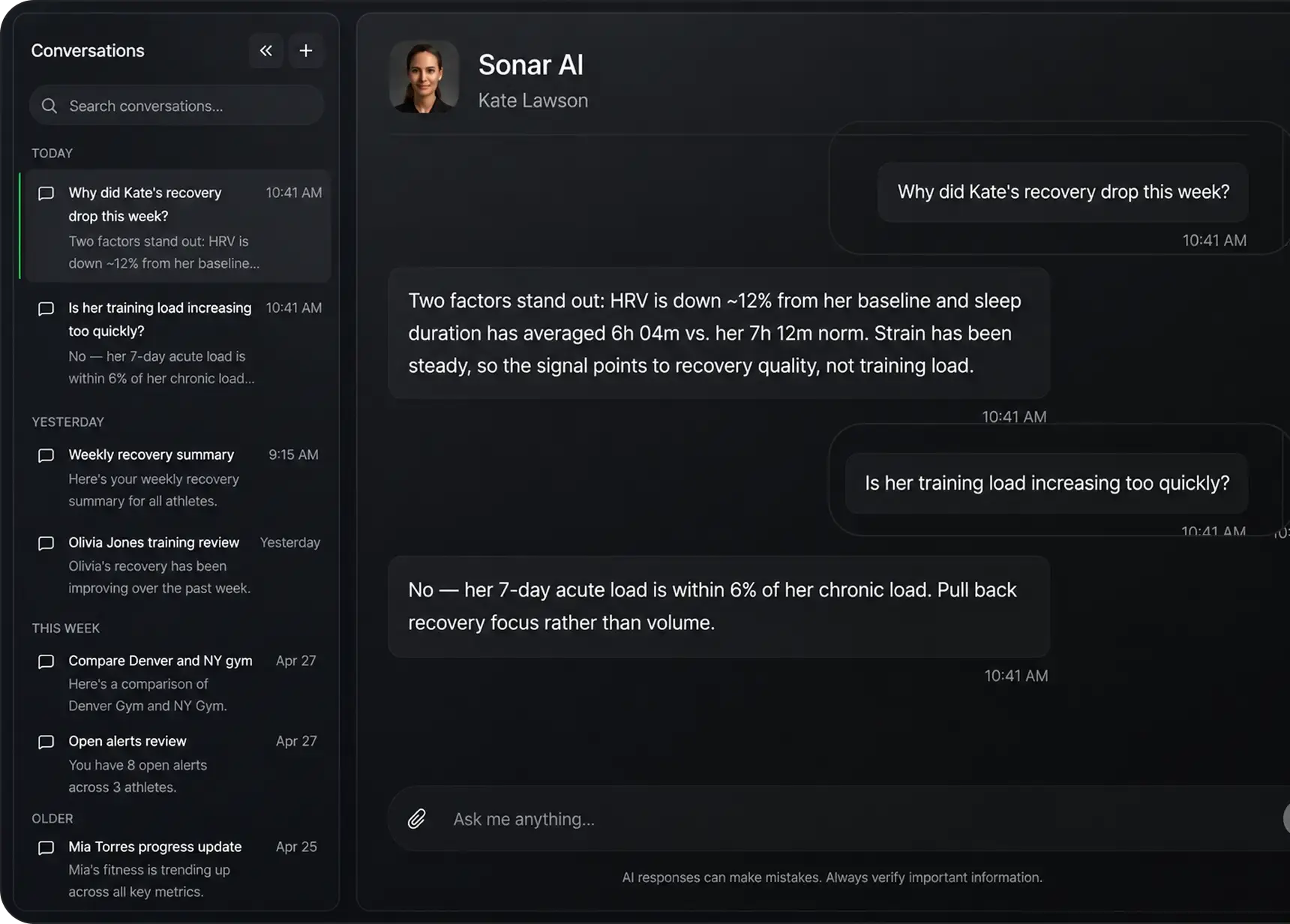 Sonar AI conversation explaining why an athlete recovery score dropped, citing HRV below baseline and shorter sleep duration with steady strain